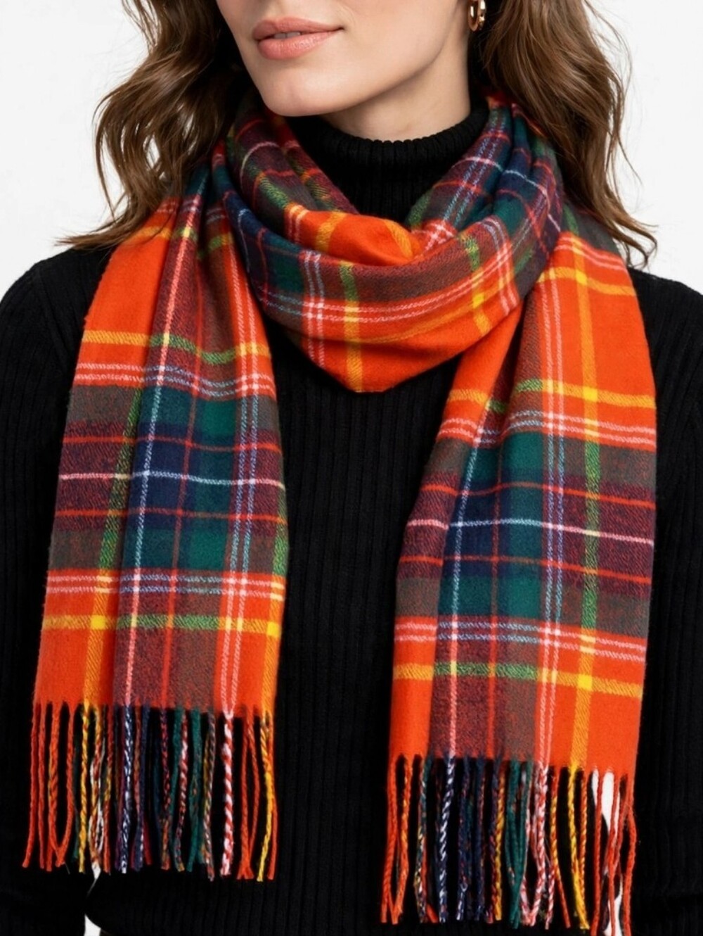 NWT Cashmere Feel Plaid Tartan Scarf Orange Green Unisex Winter Soft Fringe